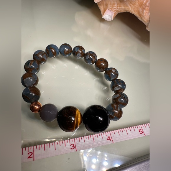 LAKE BLUE CLOISONNÉ JASPER + ONYX + TIGERS NATURAL STONES BRACELET size 7.5” - Picture 6 of 8